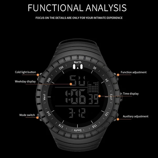 SENORS digitális férfi sportóra, kültéri, vízálló, LED-es elektronikus világítás - Fekete