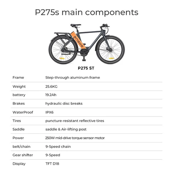 ENGWE P275 ST 27,5 hüvelykes gumi, hosszú távú városi kerékpár, 250 W-os középhajtású motor - Fehér és narancs