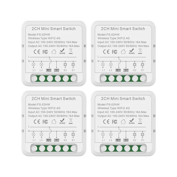 2-utas, Tuya APP WiFi kapcsoló relémodul, 16A vezeték nélküli be-/kikapcsoló eszköz - 4 db