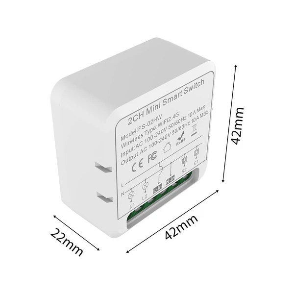 2-utas, Tuya APP WiFi kapcsoló relémodul, 16A vezeték nélküli be-/kikapcsoló eszköz - 1 db