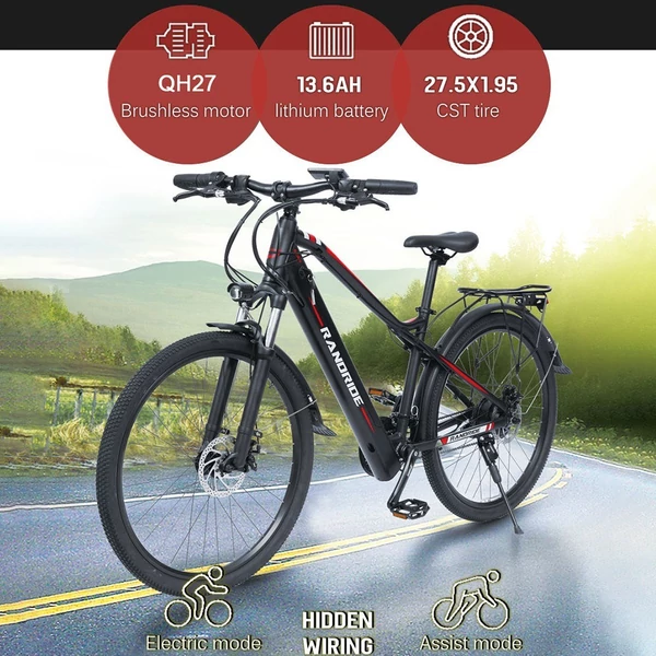 RANDRIDE Y90BL elektromos kerékpár 27,5 hüvelykes gumiabronccsal, 500 W-os motor - Fekete