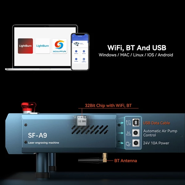 SCULPFUN SF-A9 20 W-os lézergravírozó gép automatikus légrásegítéssel