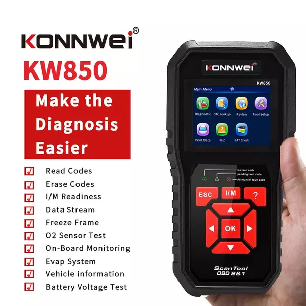KONNWEI KW850 OBDII szkenner automatikus kódolvasó diagnosztikai ellenőrzése - Fekete