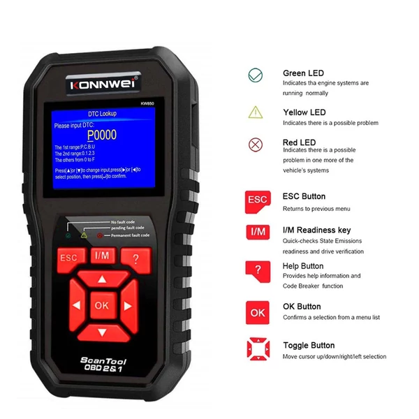 KONNWEI KW850 OBDII szkenner automatikus kódolvasó diagnosztikai ellenőrzése - Fekete