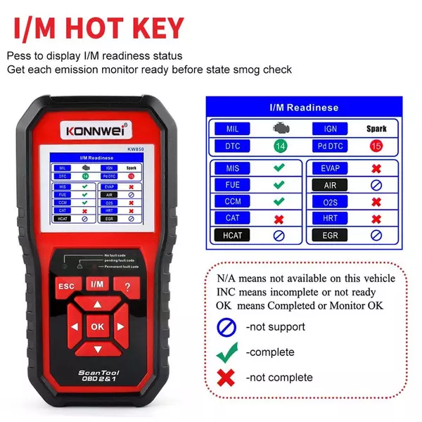 KONNWEI KW850 OBDII szkenner automatikus kódolvasó diagnosztikai ellenőrzése - Piros