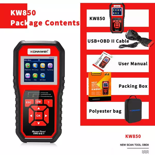 KONNWEI KW850 OBDII szkenner automatikus kódolvasó diagnosztikai ellenőrzése - Piros
