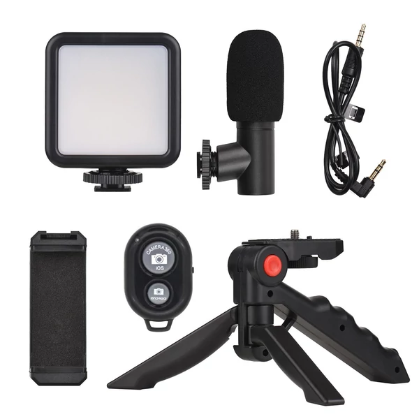 Okostelefon vlog készlet, mini LED videó fény + kardioid mikrofon + kiterjeszthető telefonklip + állvány állítható fényerővel