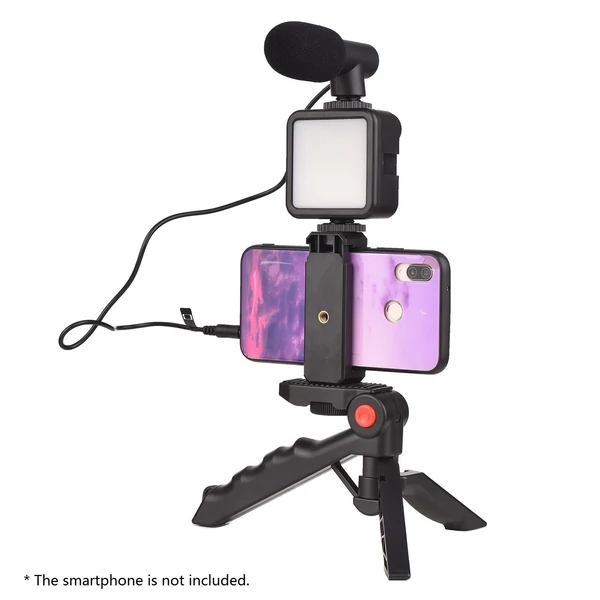 Okostelefon vlog készlet, mini LED videó fény + kardioid mikrofon + kiterjeszthető telefonklip + állvány állítható fényerővel