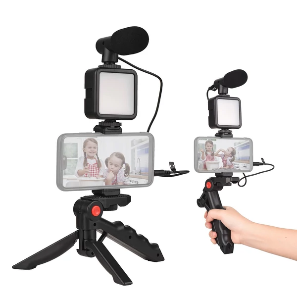 Okostelefon vlog készlet, mini LED videó fény + kardioid mikrofon + kiterjeszthető telefonklip + állvány állítható fényerővel