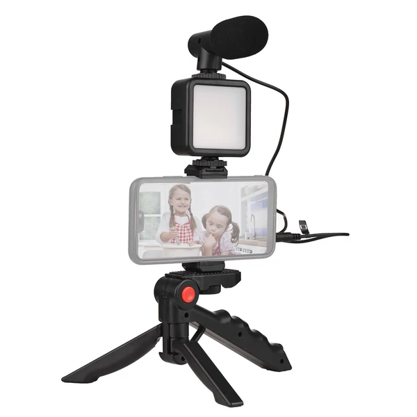 Okostelefon vlog készlet, mini LED videó fény + kardioid mikrofon + kiterjeszthető telefonklip + állvány állítható fényerővel
