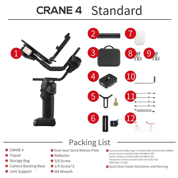 Zhiyun Crane 4 standard kézi 3 tengelyes kamera gimbális stabilizátor