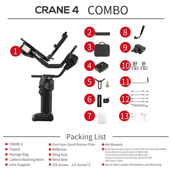 Zhiyun Crane 4 Combo kézi 3 tengelyes kamera stabilizátor