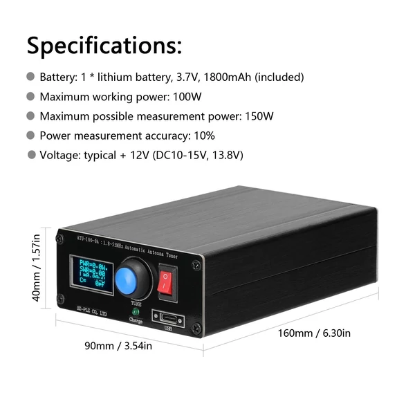 ATU-100-0A 1,8-55 MHz-es mini automatikus antennahangoló 0,91 hüvelykes OLED kijelző