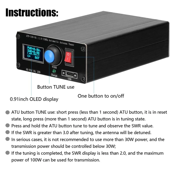 ATU-100-0A 1,8-55 MHz-es mini automatikus antennahangoló 0,91 hüvelykes OLED kijelző