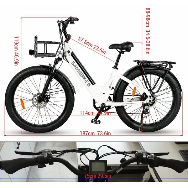 SAMEBIKE RS-A01 elektromos kerékpár, 26*3,0 hüvelykes, zsíros gumiabroncs, 500 W, 90-100 km-es hatótáv - Fehér