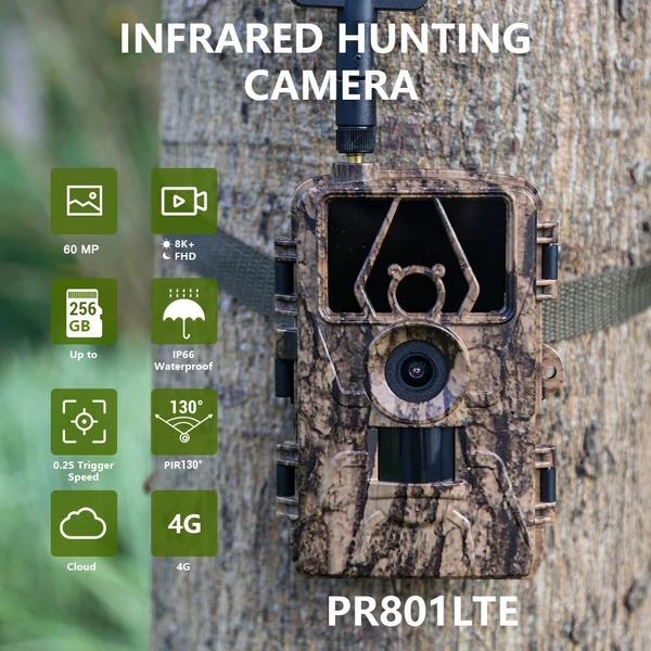 Trail Cam 8K videóval, 60 MP képekkel, éjszakai látással aktivált, vízálló – 4G EU-verzió SIM-kártyával és antennával