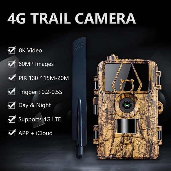 Trail Cam 8K videóval, 60 MP képekkel, éjszakai látással aktivált, vízálló – 4G EU-verzió SIM-kártyával és antennával