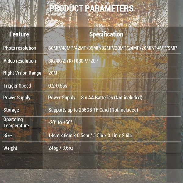 Trail Cam 8K videóval, 60 MP képekkel, éjszakai látással aktivált, vízálló - Standard