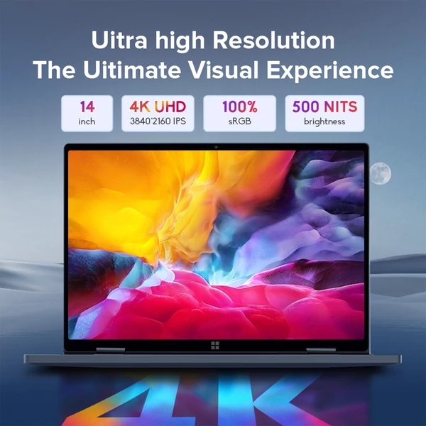 Ninkear N14 laptop 14 hüvelykes 4K UHD IPS képernyő 360°-os felhajtható és összehajtható kivitel, 16 GB LPDDR5 1T SSD Windows 11