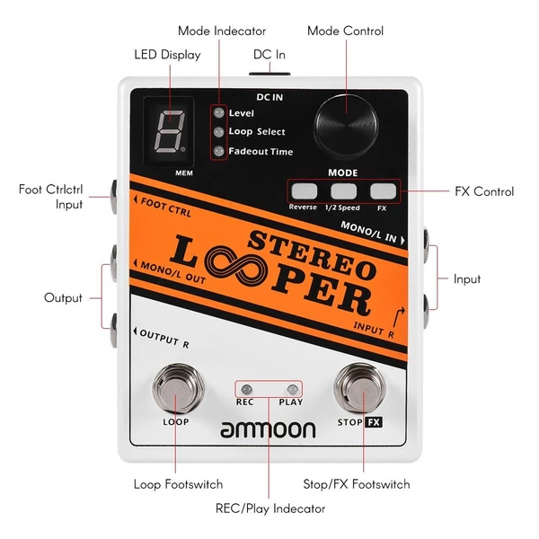 ammoon STEREO LOOPER hurokfelvétel Gitár effekt pedál, 10 független hurok