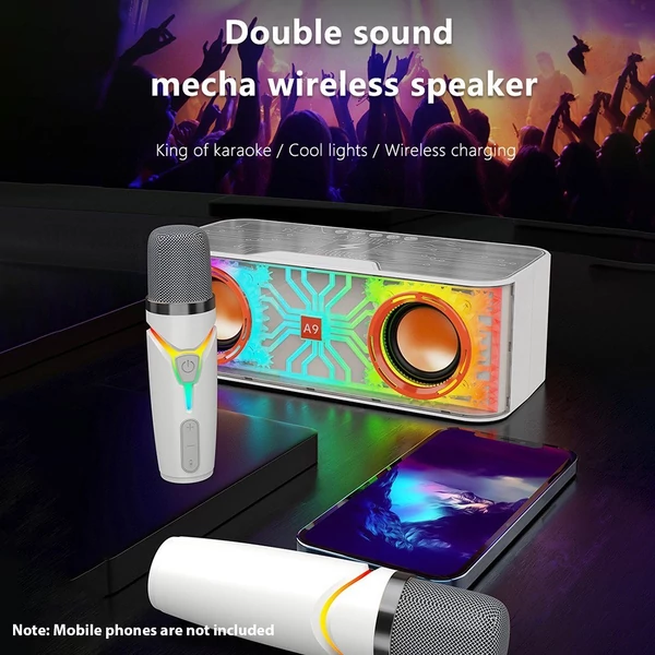 A9 Pro karaokegép, hordozható, átlátszó mecha dizájn hangszóró LED lámpákkal és 2 vezeték nélküli mikrofonnal - Ezüst