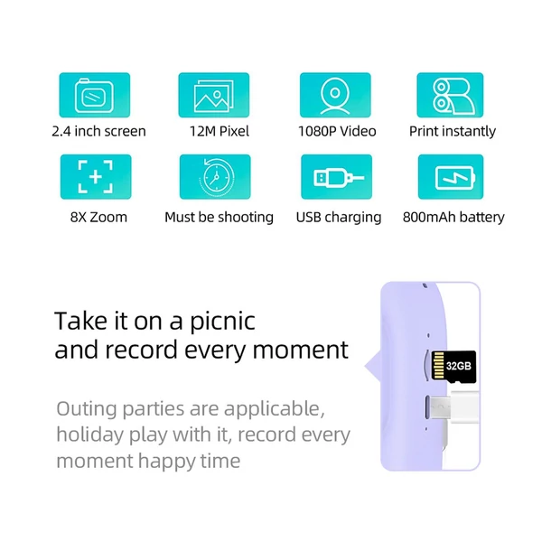 Andoer 3 az 1-ben többfunkciós azonnali nyomtatási kamera gyerekeknek, 3 nyomtatópapírtekerccsel és kötéllel - Lila