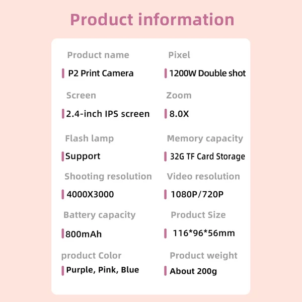 Andoer 3 az 1-ben többfunkciós azonnali nyomtatási kamera gyerekeknek, 3 nyomtatópapírtekerccsel és kötéllel - Lila