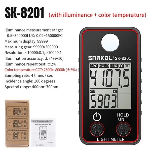 Színhőmérséklet-mérő nagy pontosságú megvilágításmérő 0,5-300000LUX - SK8201