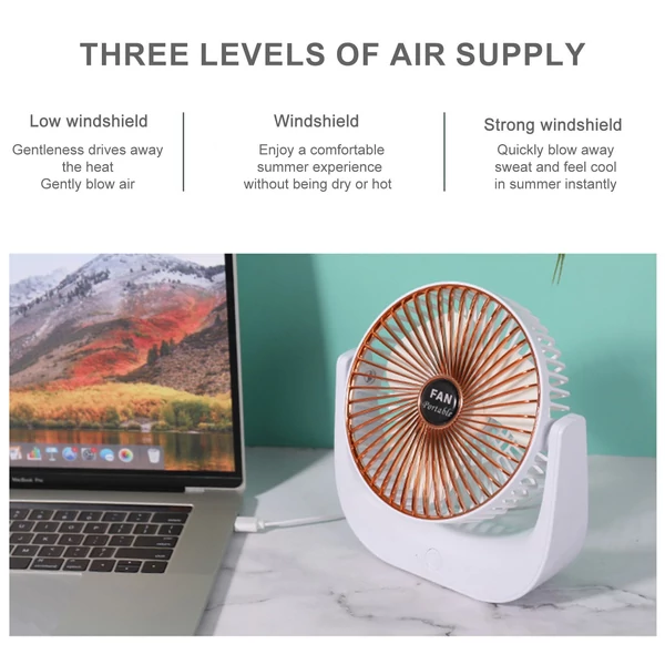 Hordozható mini asztali elektromos hűtőventilátor, 3 fokozatban állítható - Fehér és arany