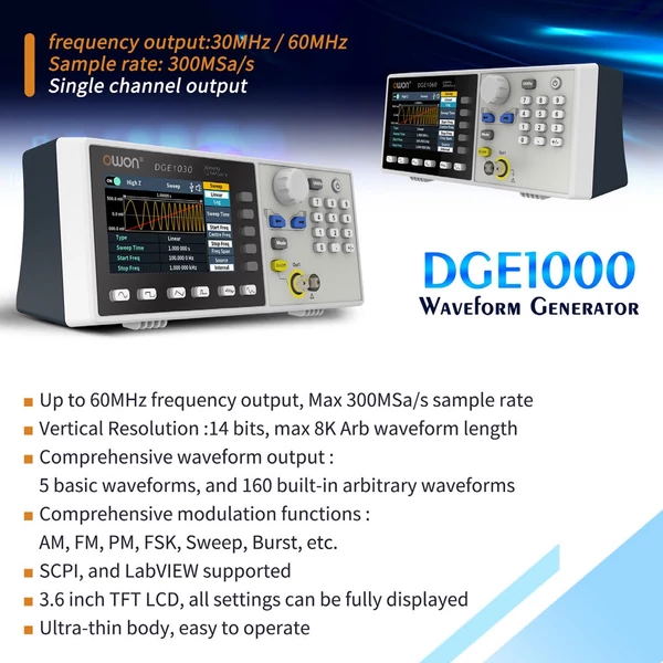 OWON DGE1060 60MHz 300MSa/s tetszőleges hullámforma generátor