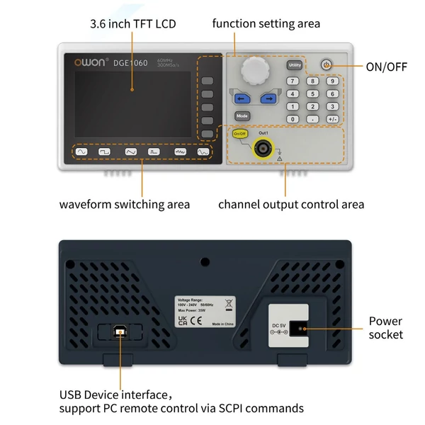 OWON DGE1060 60MHz 300MSa/s tetszőleges hullámforma generátor