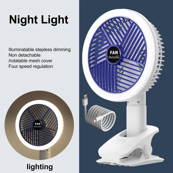 Hordozható elektromos, többfunkciós rögzíthető ventilátor – szabályozható éjszakai lámpával