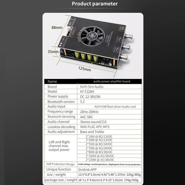 Hordozható 220W+220W BT 5.2 vezeték nélküli audio teljesítményerősítő, hangerősítő modul - Típus B
