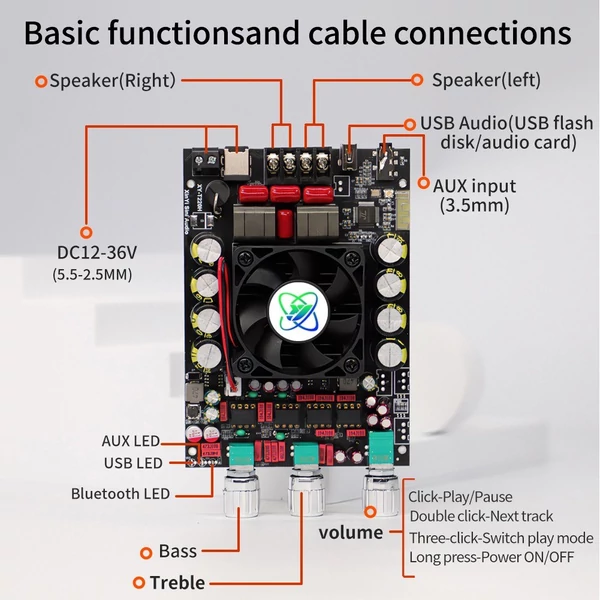 Hordozható 220W+220W BT 5.2 vezeték nélküli audio teljesítményerősítő, hangerősítő modul - Típus B