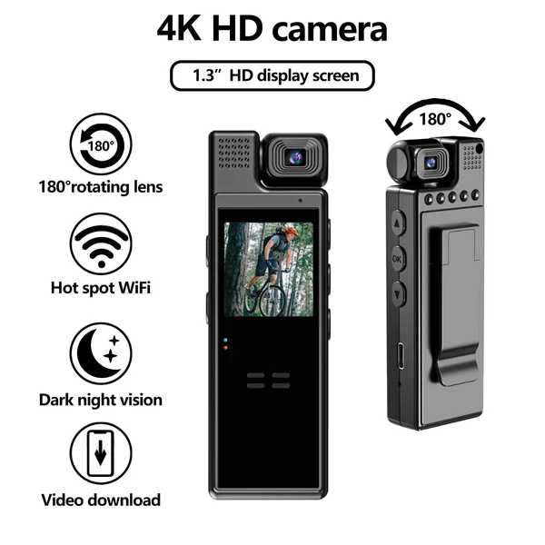 4K UHD Mini test kamera hang- és videórögzítéssel, 180°-os objektívvel forgatható, 6 órás akkumulátor-élettartam, WiFi