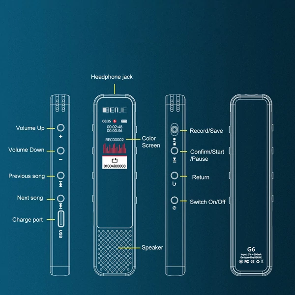 G6 BT hívásrögzítés, professzionális hangrögzítő 3 mikrofonos térhatású felvétel - 16GB