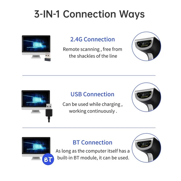 Vezeték nélküli QR/2D vonalkódolvasó, kézi USB vezetékes vonalkódolvasó