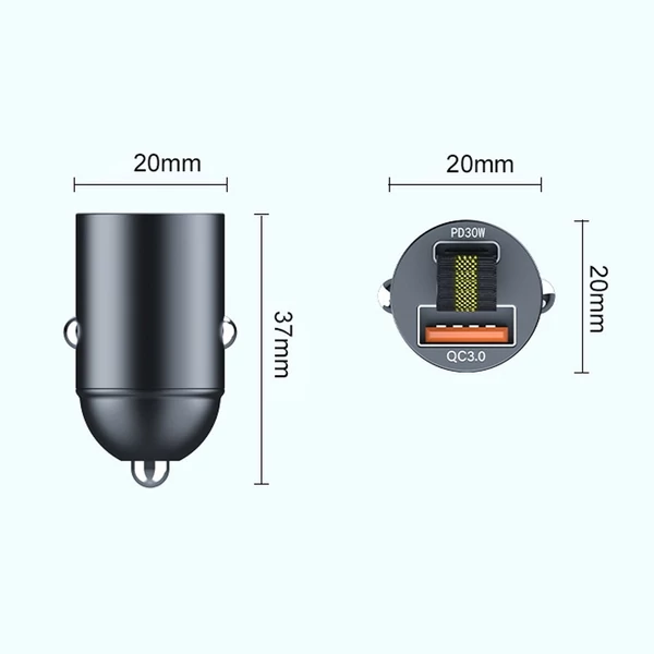 Autós töltőadapter, QC3.0+PD30W kétportos gyorstöltő