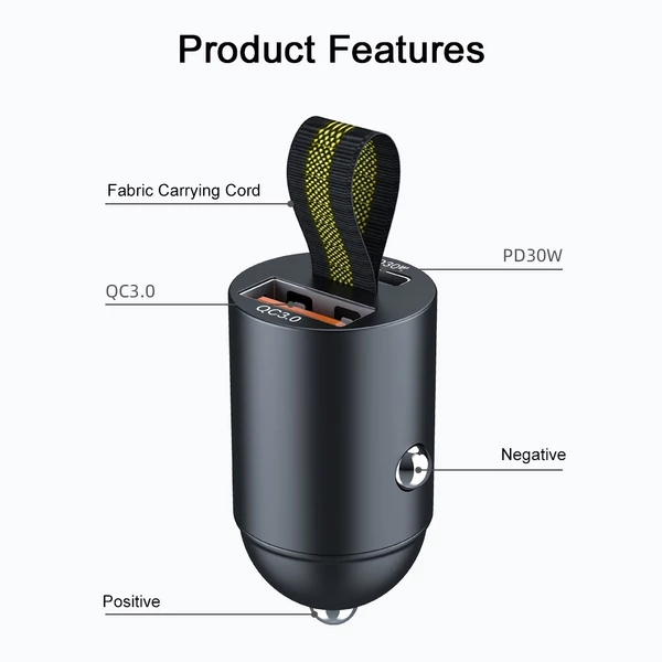 Autós töltőadapter, QC3.0+PD30W kétportos gyorstöltő