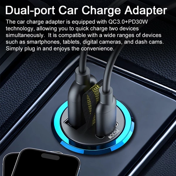 Autós töltőadapter, QC3.0+PD30W kétportos gyorstöltő