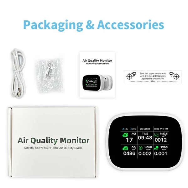 Tuya WiFi 10 az 1-ben levegőminőség-érzékelő, háztartási hordozható AQI PM2.5 PM1.0 PM10 CO2 TVOC HCHO teszter - Fekete