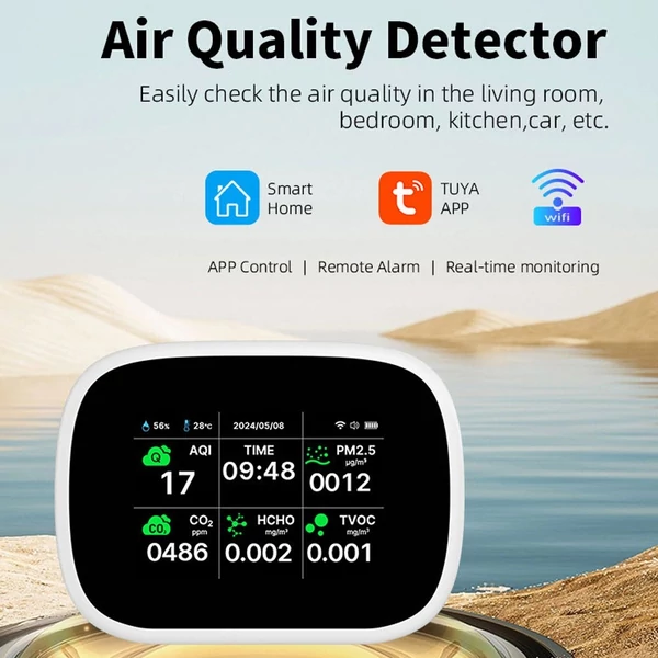 Tuya WiFi 10 az 1-ben levegőminőség-érzékelő, háztartási hordozható AQI PM2.5 PM1.0 PM10 CO2 TVOC HCHO teszter - Fekete