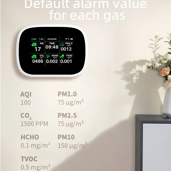 Tuya WiFi 10 az 1-ben levegőminőség-érzékelő, háztartási hordozható AQI PM2.5 PM1.0 PM10 CO2 TVOC HCHO teszter - Fehér