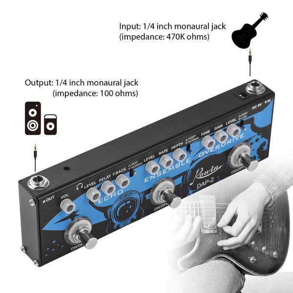 ROWIN DAP-2 3 az 1-ben gitár multieffektus pedál - Visszhang, Együttes, Túlhajtás - Kompakt és hordozható