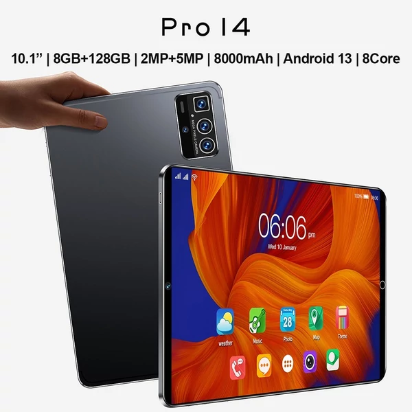 Pro14 10,1 hüvelykes Android 13 táblagép tiszta IPS érintőképernyővel, 8000 mAh akkumulátorral, 8 GB+128 GB - Fekete