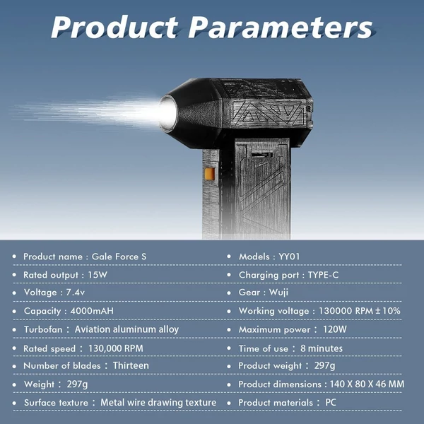 Mini Turbo Jet ventilátor, újratölthető 52 m/s - 4000 mAh, ventilátor fúvófejjel