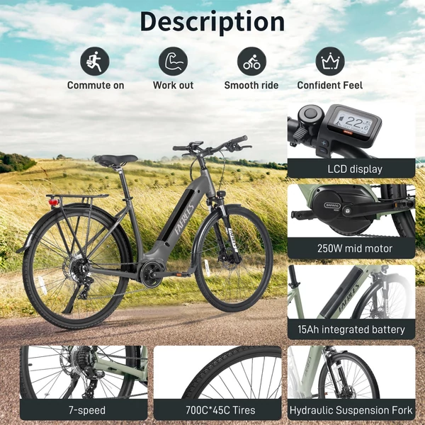 FAFREES FM9 elektromos kerékpár, KENDA 700C*45C gumik, 250W Bafang középhajtású motor - Zöld