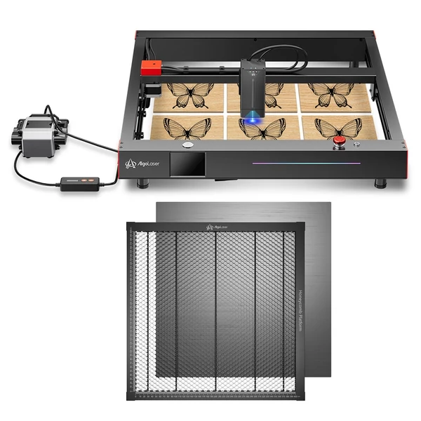 Algolaser Delta 22 W-os lézergravírozó automata levegő segédszivattyúval és 400x400 mm-es lézeres méhsejt munkaasztallal