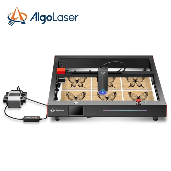 Algolaser Delta 22 W lézergravírozó automatikus levegő segédszivattyúval és 400x400 mm-es lézeres méhsejt munkaasztallal és Y tengelyű forgóhengerrel