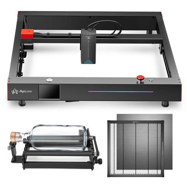 Algolaser Delta 22 W lézergravírozó automatikus levegő segédszivattyúval és 400x400 mm-es lézeres méhsejt munkaasztallal és Y tengelyű forgóhengerrel